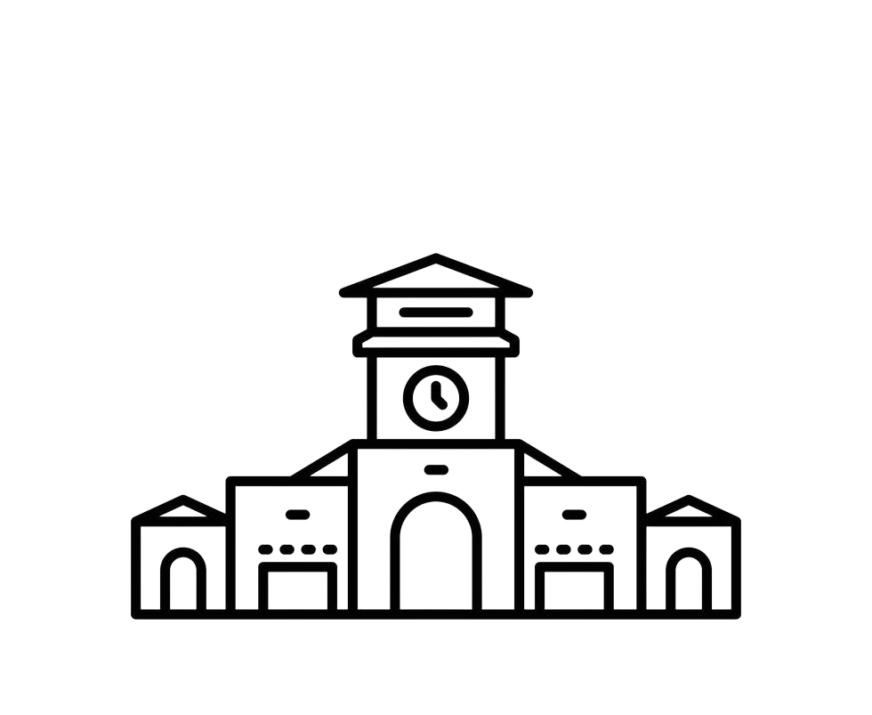 Outline drawing of a clock tower with surrounding smaller buildings on a black background.