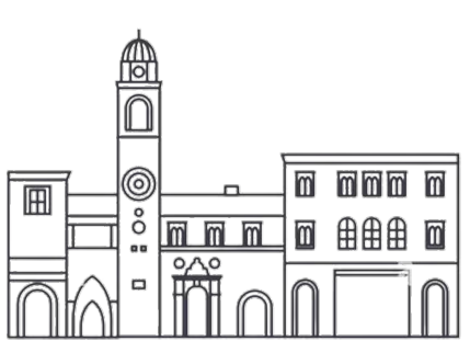 Outline of a historic building with a tall clock tower and multiple arched windows.