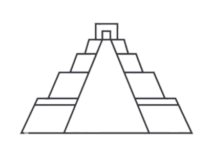 A pyramid-shaped structure made of rectangular blocks, resembling an ancient temple or step pyramid, with a small rectangular opening at the top.