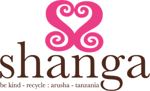 Shangra logo featuring a pink heart-shaped swirl design above the word 'shangra' with the tagline 'be kind - recycle - arusha - tanzania'