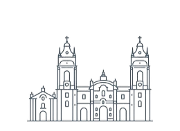 Line drawing of a historic building with two towers and intricate architectural details.