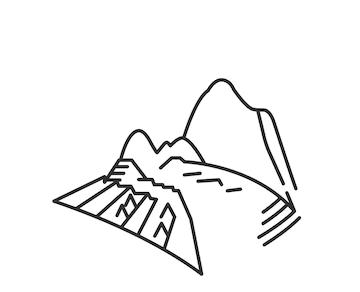Line drawing of a mountain landscape with a pyramid-like structure in front and a mountain range in the background.