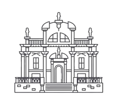 Line drawing of a grand, historic building with ornate architectural details, including columns, arches, and decorative balustrades.