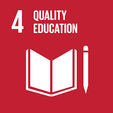 Icon of an open book with a lowercase 'i' beside it, on a red background with the number 4 and text 'Quality Education' at the top.