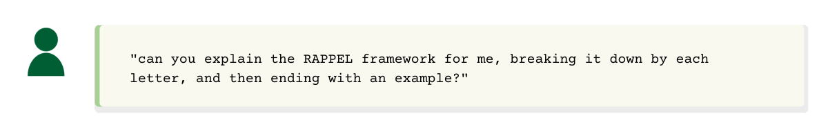 A chat message from a user reads: “can you explain the RAPPEL framework for me, breaking it down by each letter, and then ending with an example?”