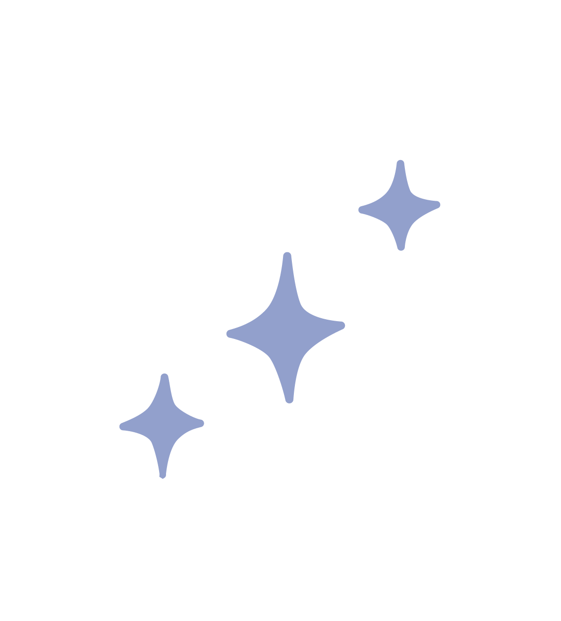 Black background with three blue sparkling stars arranged diagonally from bottom left to top right.