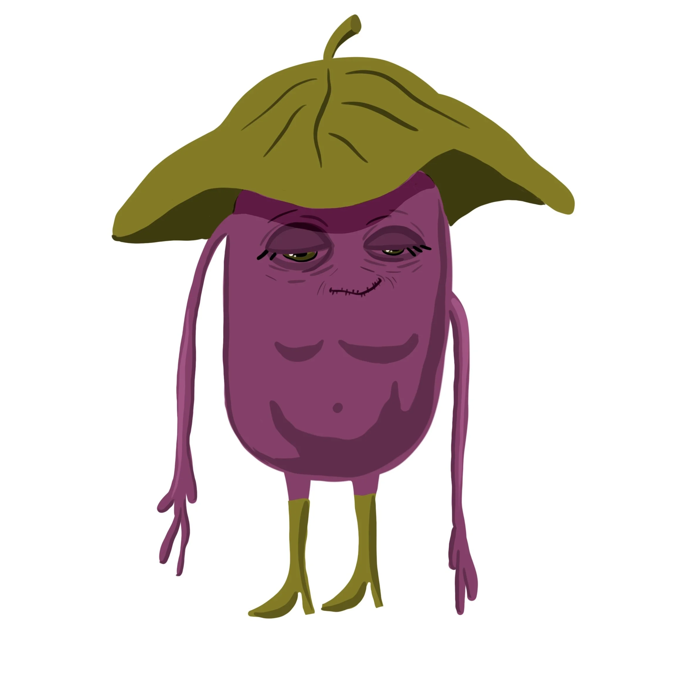 purple creature with leaf as a hat and green boots