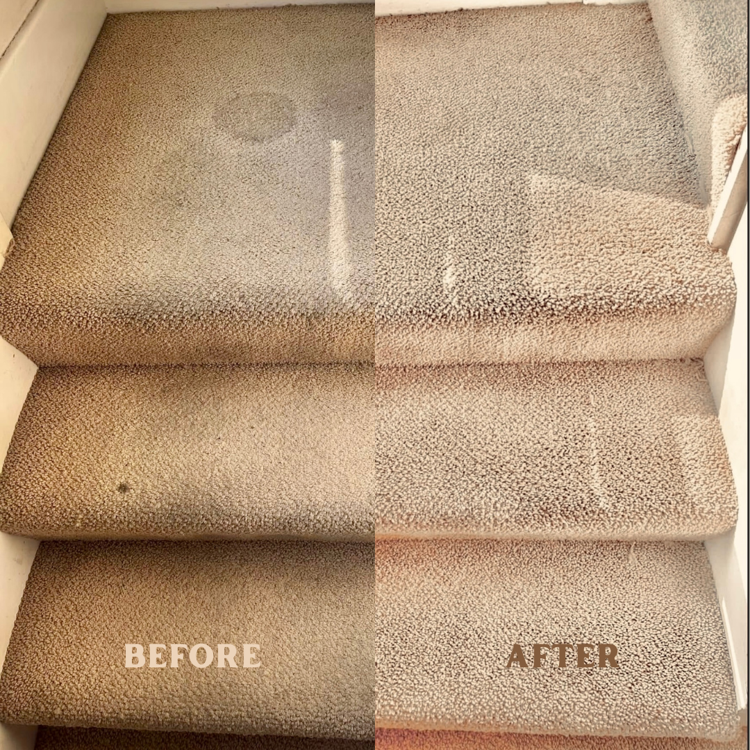 Comparison of stairs before and after cleaning. The left side shows dirty, stained carpeted stairs; the right side shows clean, stain-free carpeted stairs.