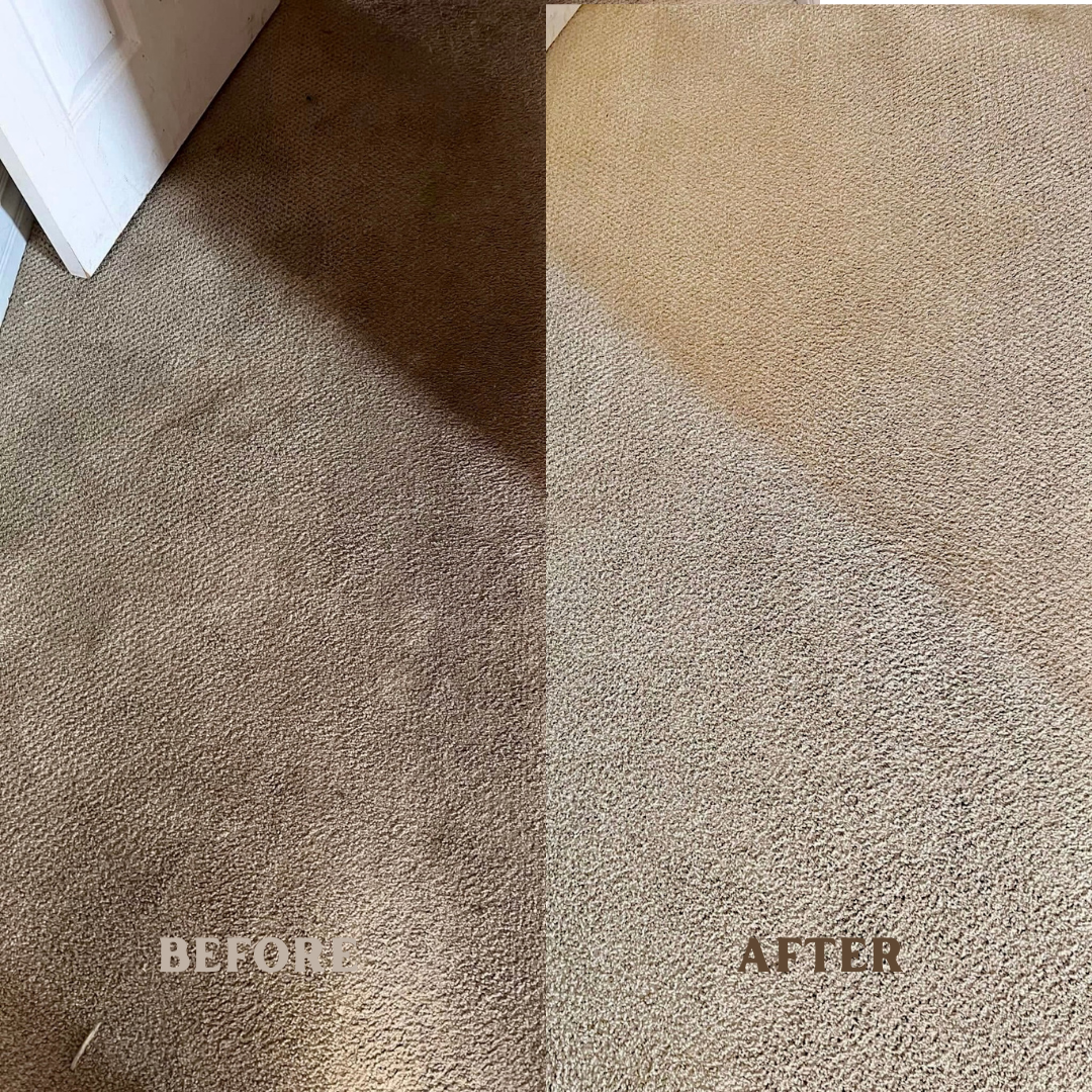 Side-by-side comparison of a dirty carpet before and after cleaning, with the left showing a stained, darkened carpet and the right showing a spotless, clean carpet.
