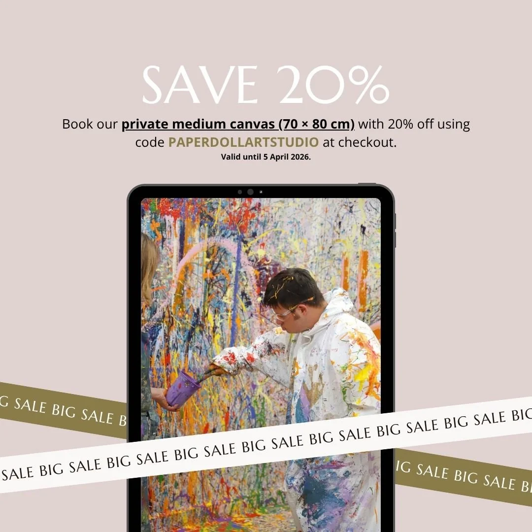 Book our private medium canvas (70 &times; 80 cm) with 20% off using code PAPERDOLLARTSTUDIO at checkout.

Valid until 5 April 2026.

Book here and choose Option 2 - https://www.paperdollartstudio.co.uk/splatter-painting-class-london-private-session
