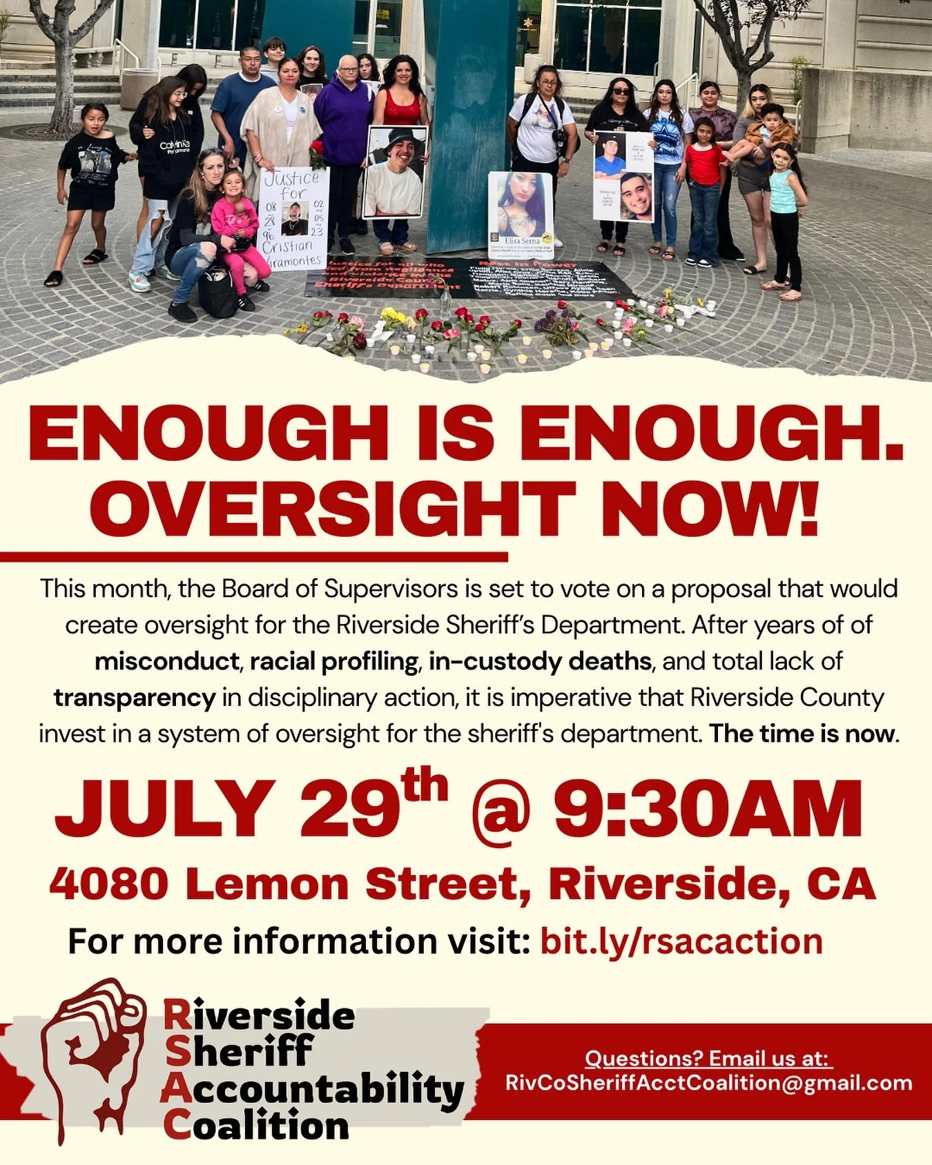 UPCOMING ACTION! In 2 weeks, Sup. Medina is planning to introduce legislation introducing long-overdue OVERSIGHT over the Riverside Sheriffs Dept. We need you to show up, make comment, and contact your Supervisor to ensure RSD is held accountable. Vi