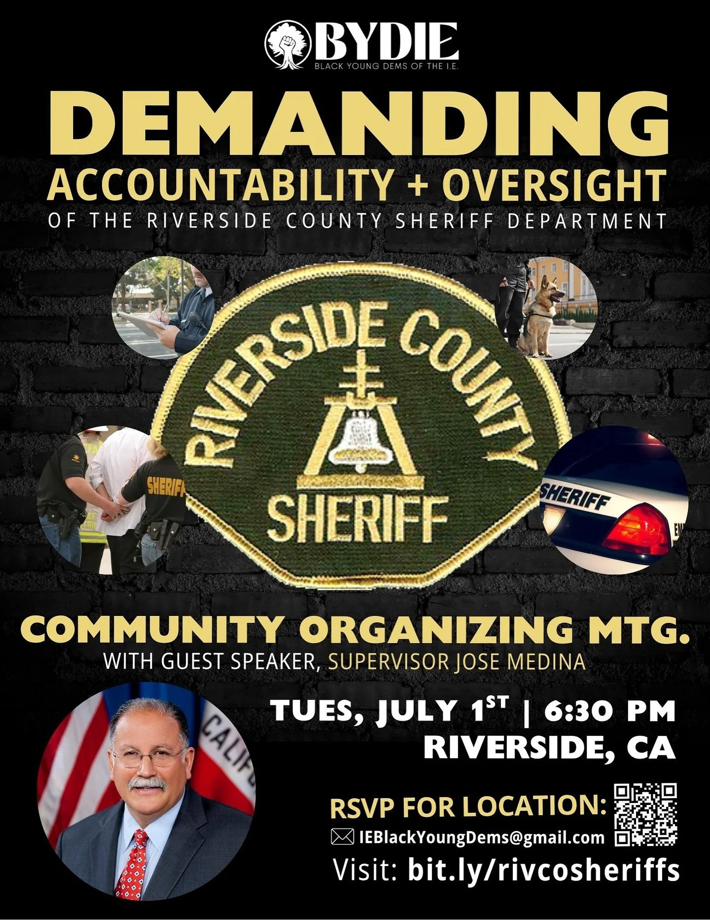 Please join us next Tuesday from 6:30-8 for a Riverside Sheriff Accountability community organizing hosted by @blackyoungdems, along with Supervisor Jose Medina. RSVP at link in bio. Please share widely!