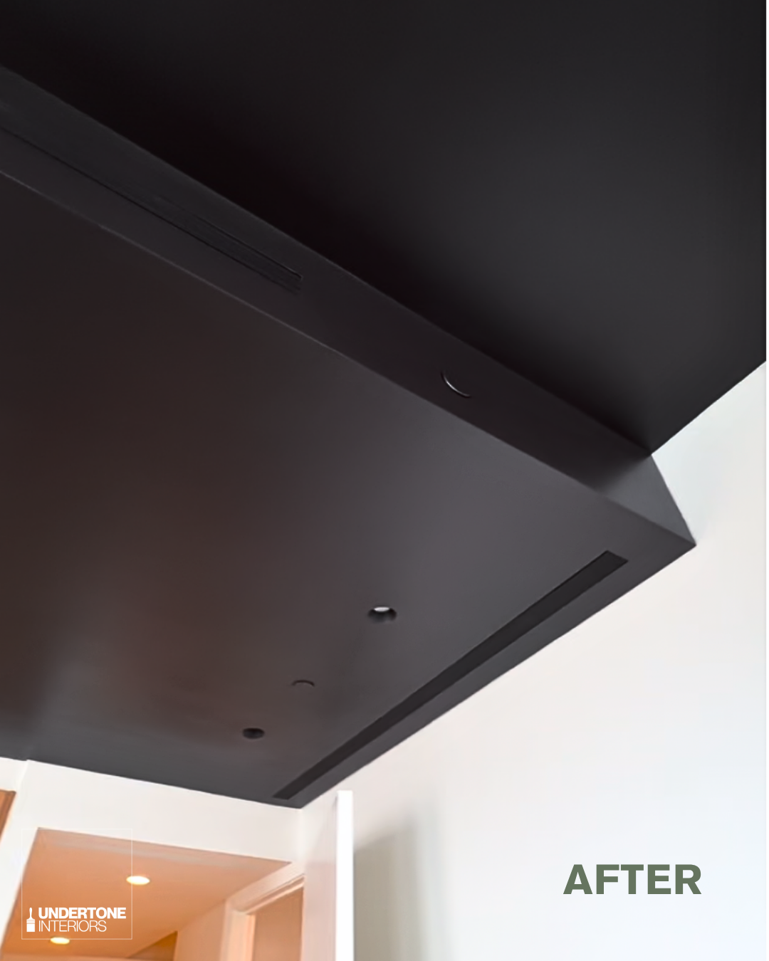 Photo of a repainted Brooklyn apartment ceiling in the kitchen using a dark brown eggshell finish paint to offset white walls and light wood.