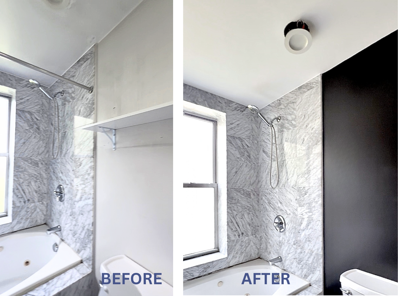Before and after photo showing a section of a bathroom with marble tiled walls and adjacent wall repainted from white to dark brown.
