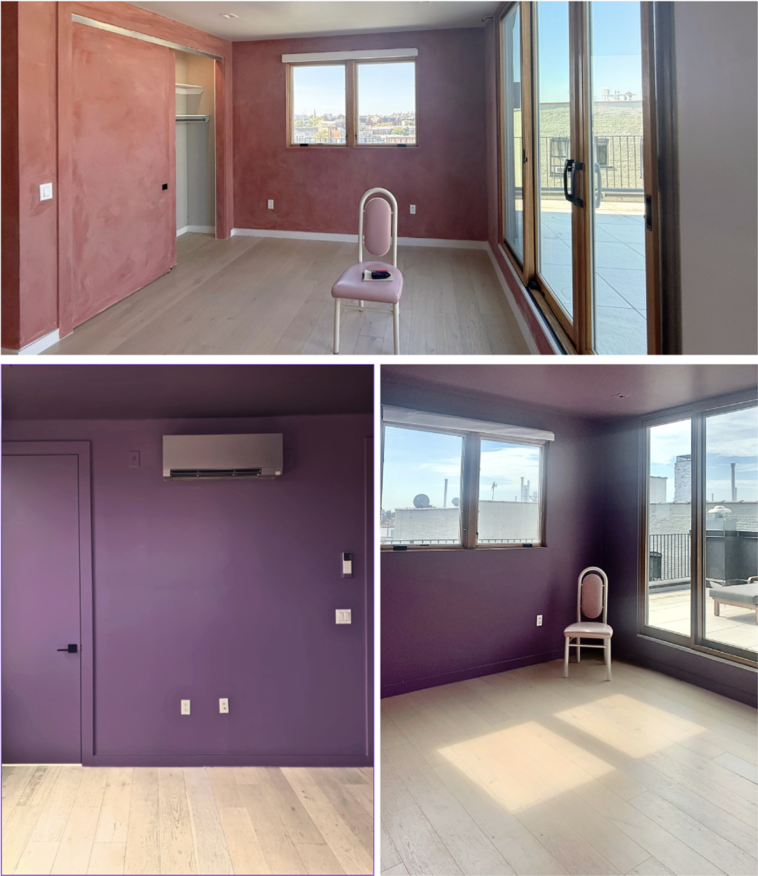 Before and after photos of an unfurnished bedroom with natural light that was previously painted in pink lime wash finish and repainted in plum color. Sitting in the room is a pink and white vintage chair.