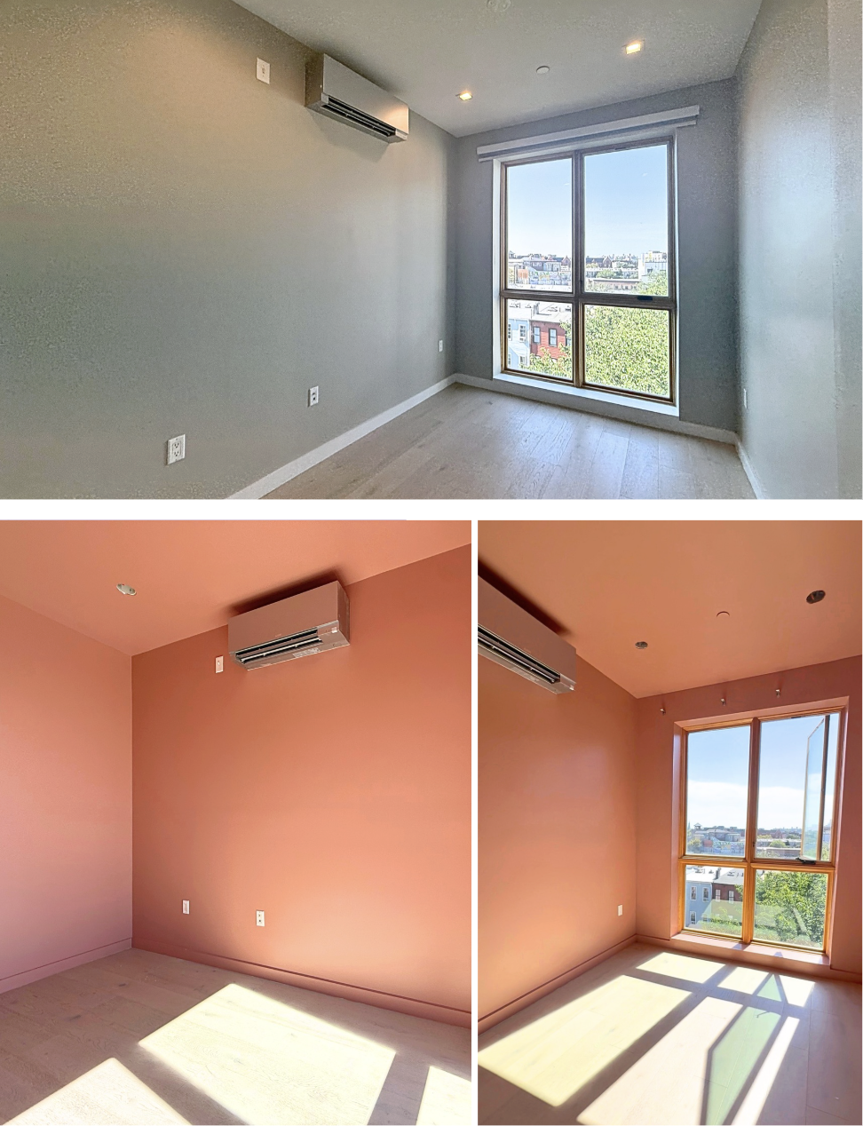 Before and after photos of a previously white unfurnished bedroom that was repainted in coral pink