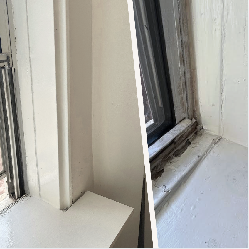 Side by side before and after view of a window sill in an older New York City apartment that has been repaired and repainted.