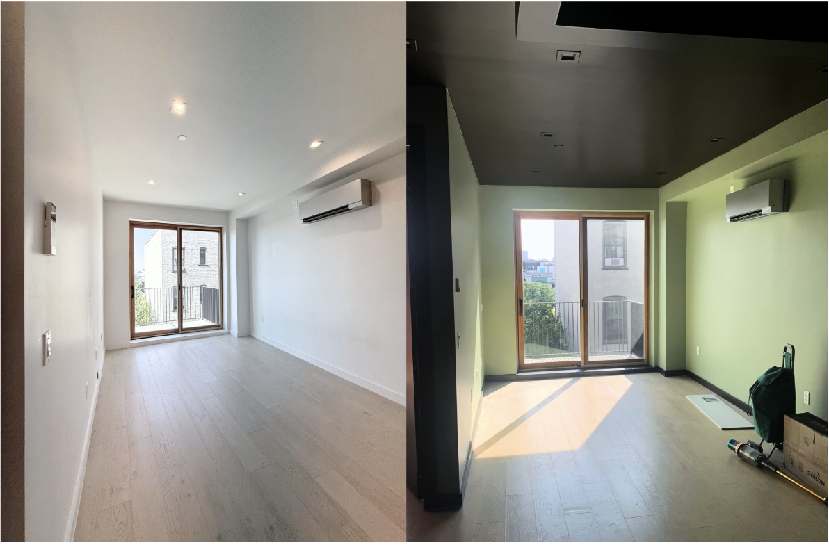 Before and after photos of an unfurnished living room that painters took from white to mint green walls and brown ceiling.