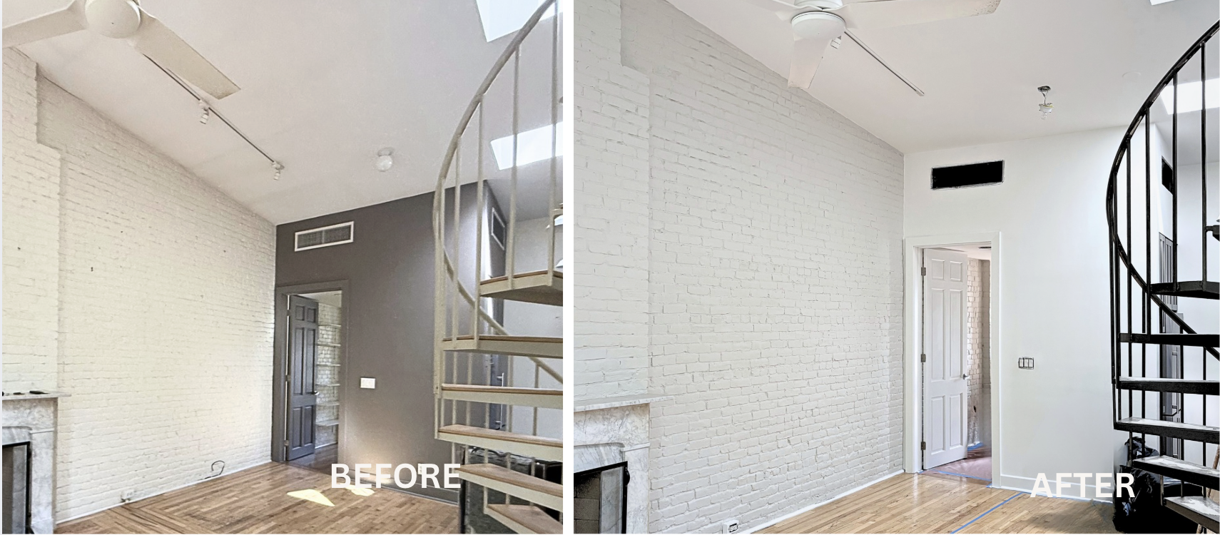 Before and after image showing a Brooklyn brownstone living room with high ceilings that was repainted to brighten its white brick walls and dark spiral staircase