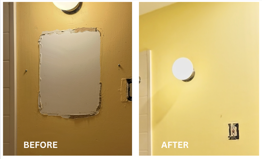 Before and after images of a bathroom wall where skim coat repair was needed to smooth out the wall where a medicine cabinet had been removed.