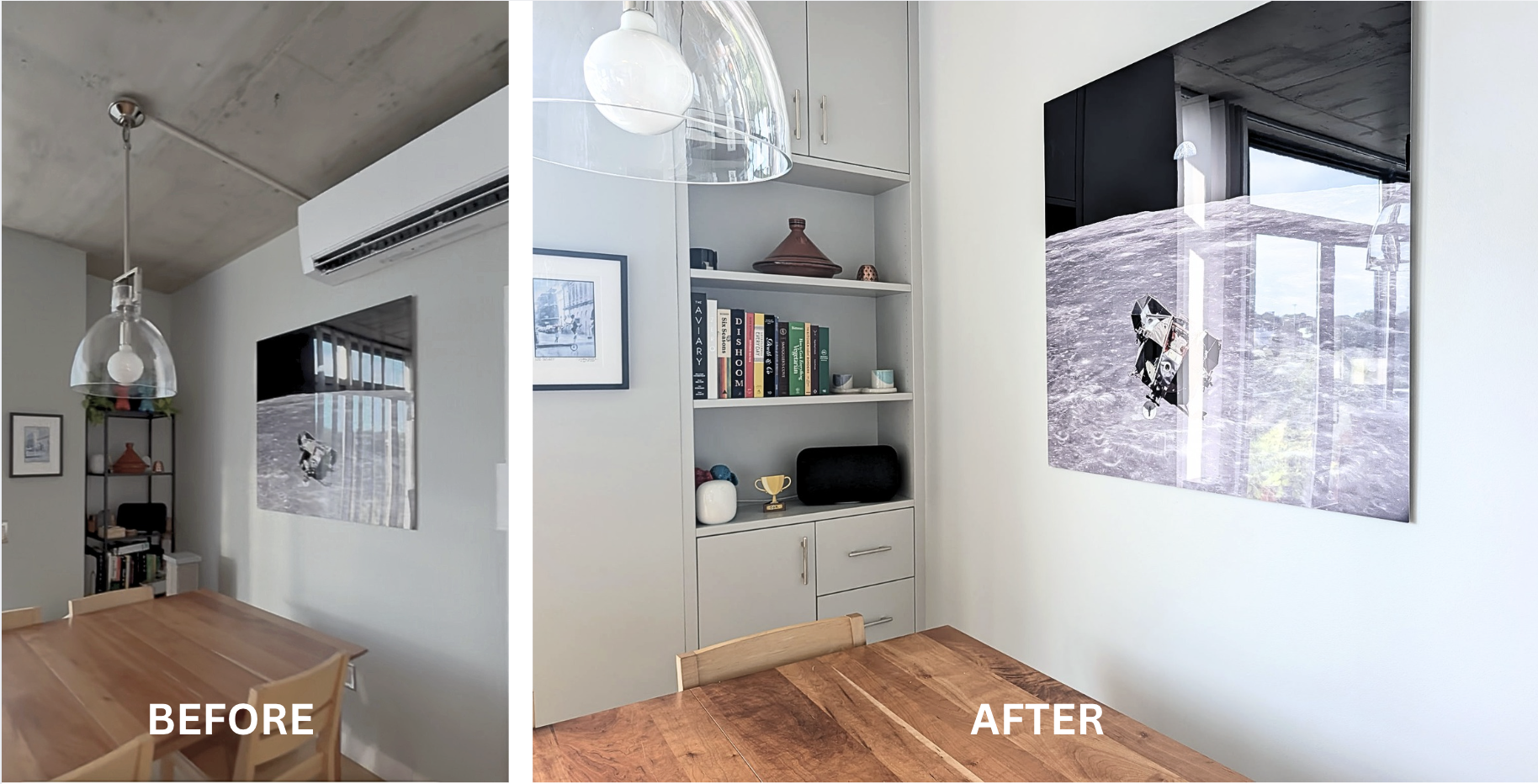 Before and after side by side of a gray dining area before and after a renovation that included new shelving and fresh coat of light gray paint.