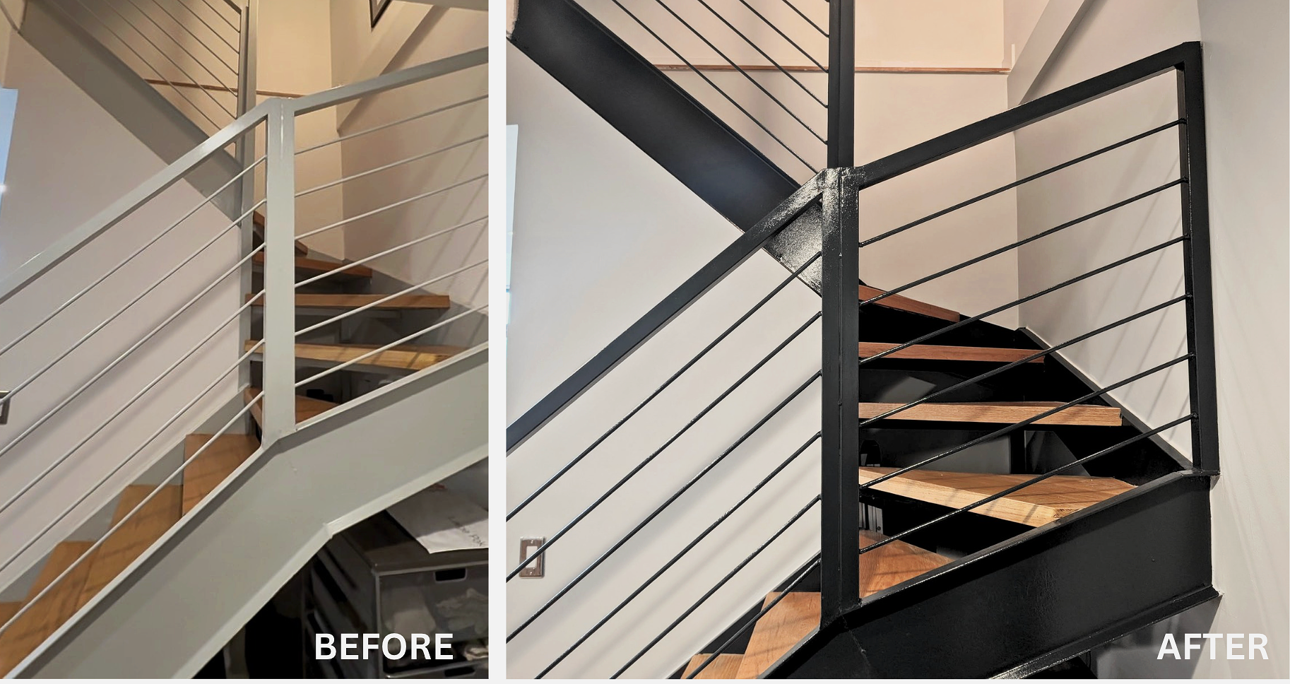 Before and after showing a previously gray metal staircase repainted in a bold dark grey with warm wood stair bases and light gray walls.