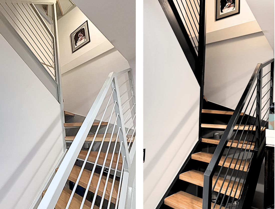 Side by side before and after photo of a gray metal staircase and same staircase repainted in black.