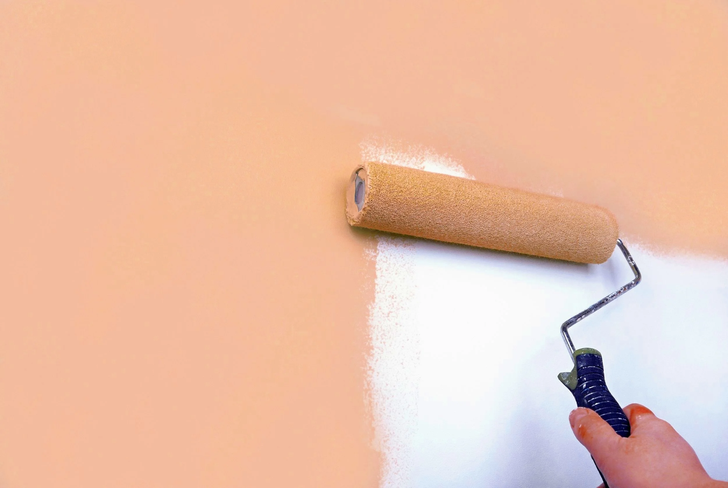 Close-up of a hand using a paint roller to paint a wall with light peach-colored paint, white paint visible at the bottom.