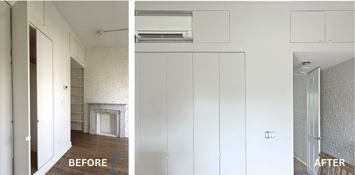 Before and after photos showing a repainted section of a bedroom and built-in closets in a Brooklyn brownstone home.