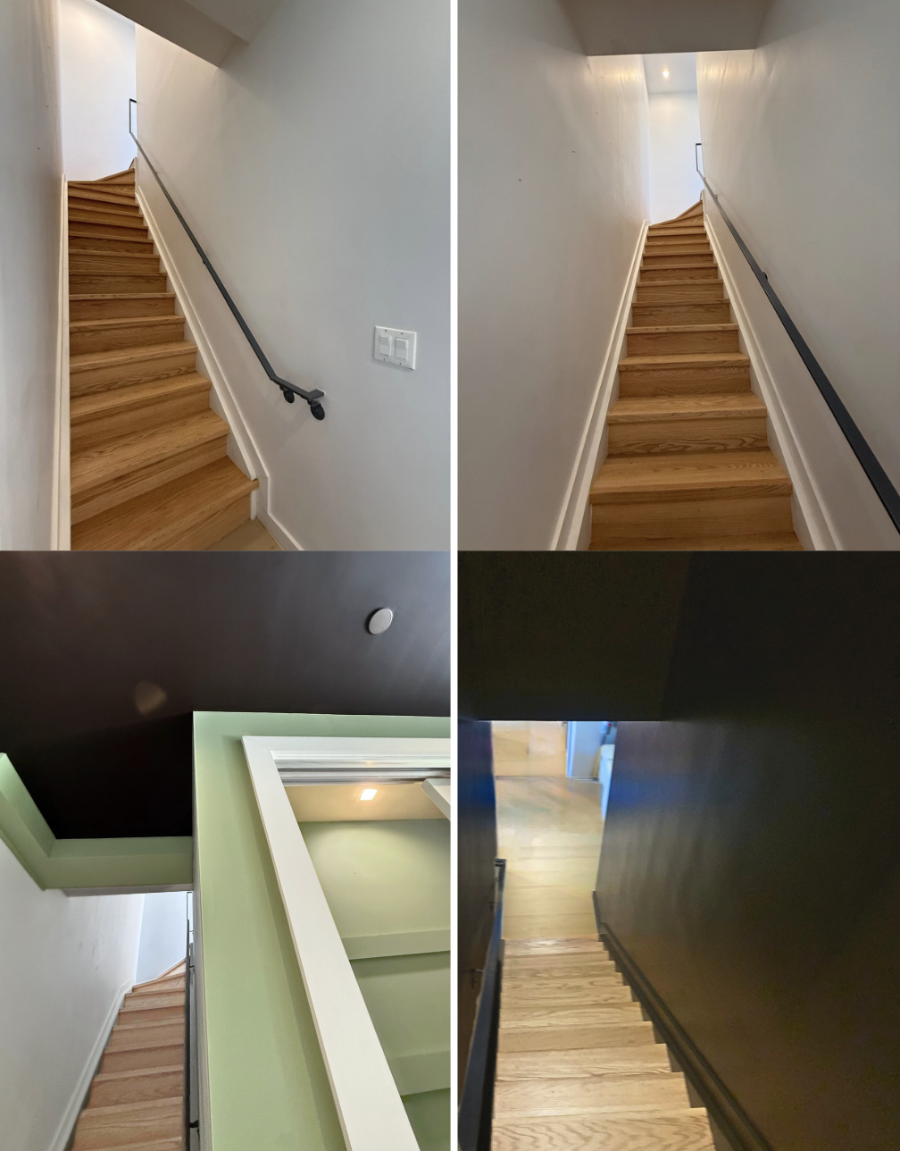 Before and after photos of a 2-story stairwell that was previously painted all white and repainted in dark brown