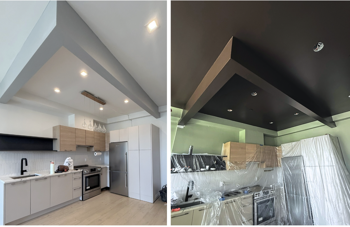 Before and after photos showing a previously white and grey kitchen that has been painted with mint green walls and dark brown recessed ceiling.
