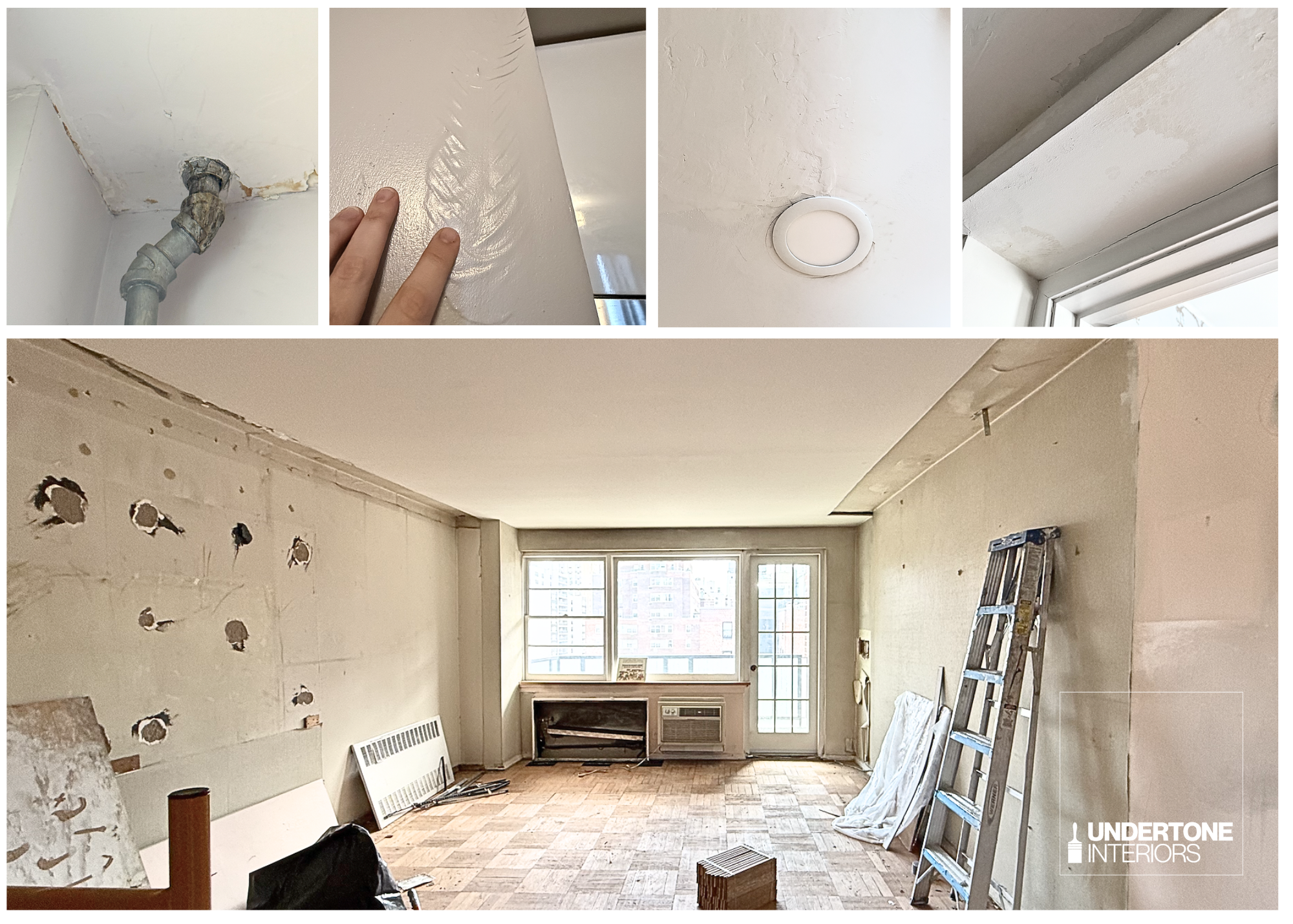 5 different photos in a grid show instances of wall and ceiling damage where skim coating repair is needed to prep the surface for painting.