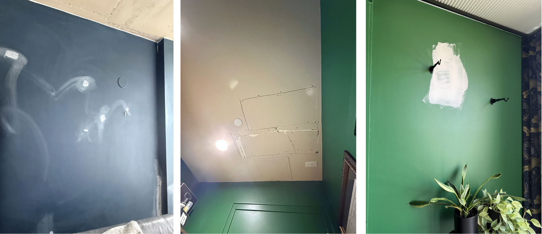 Three images showing in-progress repairs to various areas of painted ceiling and drywall in preparation for repainting blue and green.