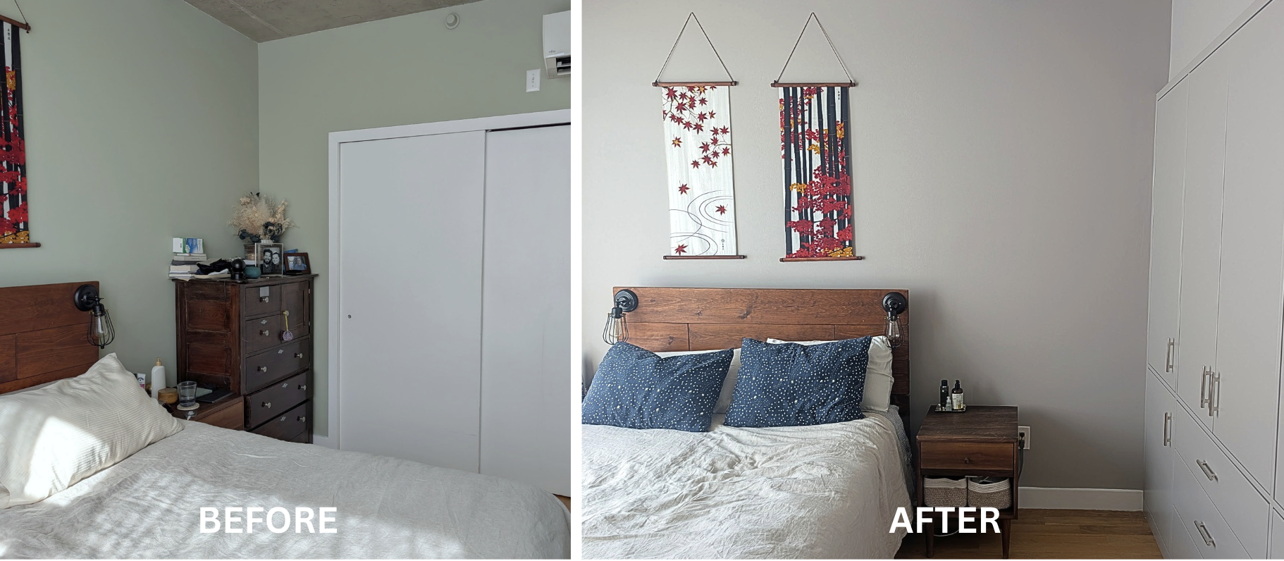 Side by side before and after of a master bedroom repainted from a desaturated mint green to a warm light grey to match the newly installed closets.