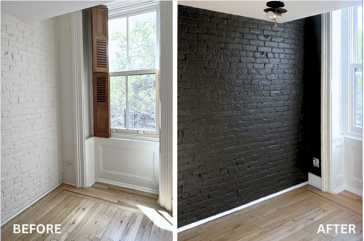 Before and after of a brick wall in a front-facing room of a NYC townhouse from white to dark brown.