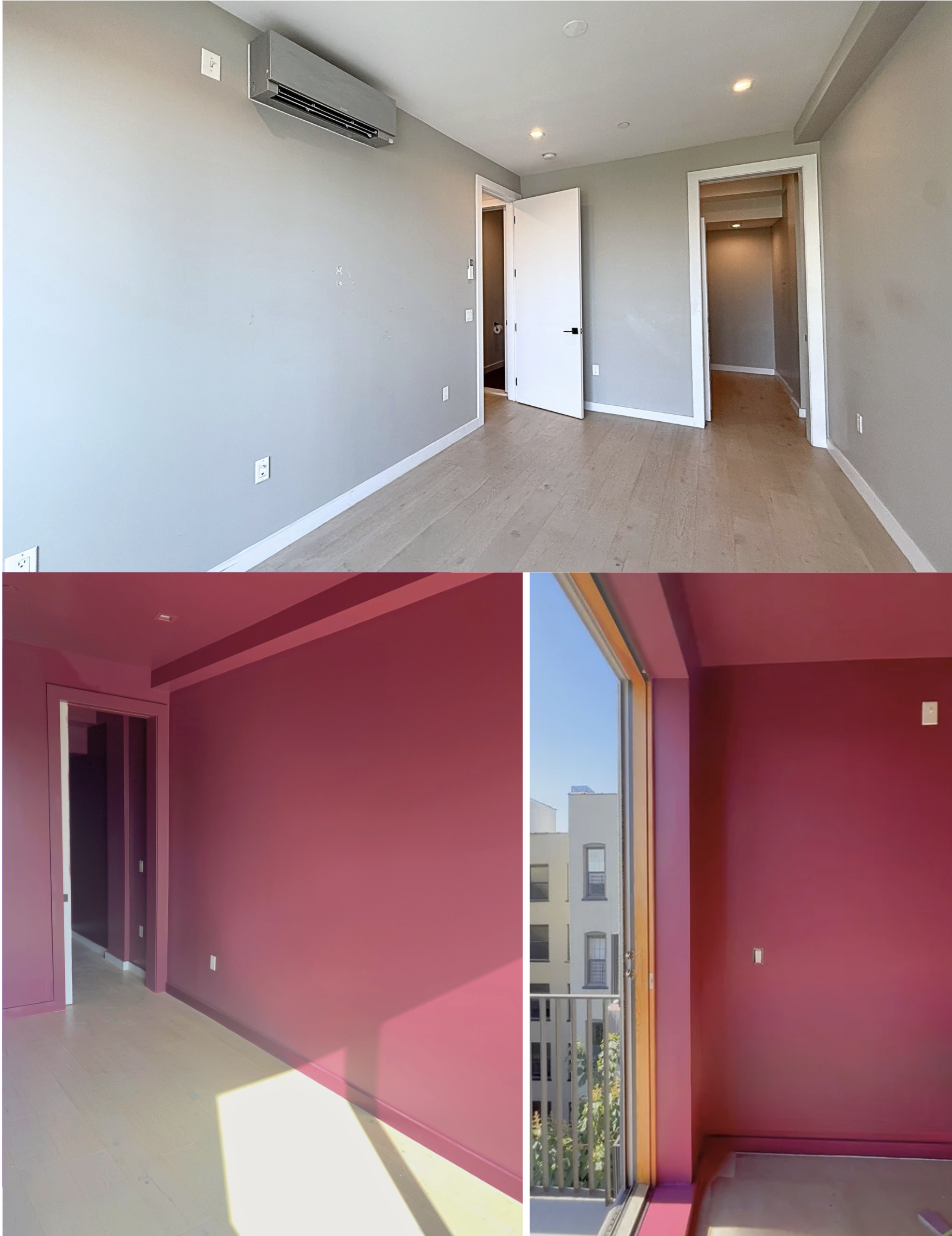 Before and after photos showing a previously grey, unfurnished bedroom with white trim repainted and color drenched in dark pink