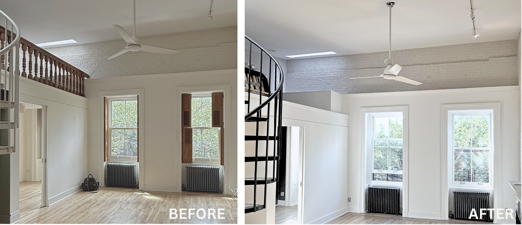 Before and after repaint of a Brooklyn Brownstone in white brick and black spiral staircase.