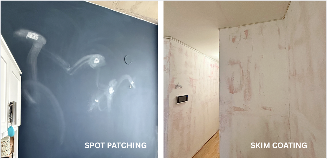 Side by side photos comparing a blue wall with spot patching repairs prior to painting and a more extensive interior renovation requiring skim coating on all surfaces.