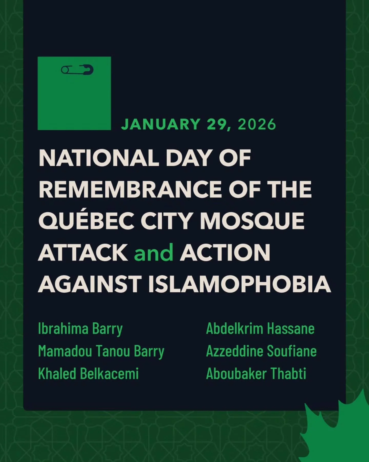 Today, on the ninth anniversary of the Quebec City mosque shooting, we honour the memory of the six Muslim Canadians who were killed in an act of hate. 

As we stand in solidarity with Muslim communities across Canada, let's reaffirm our commitment t