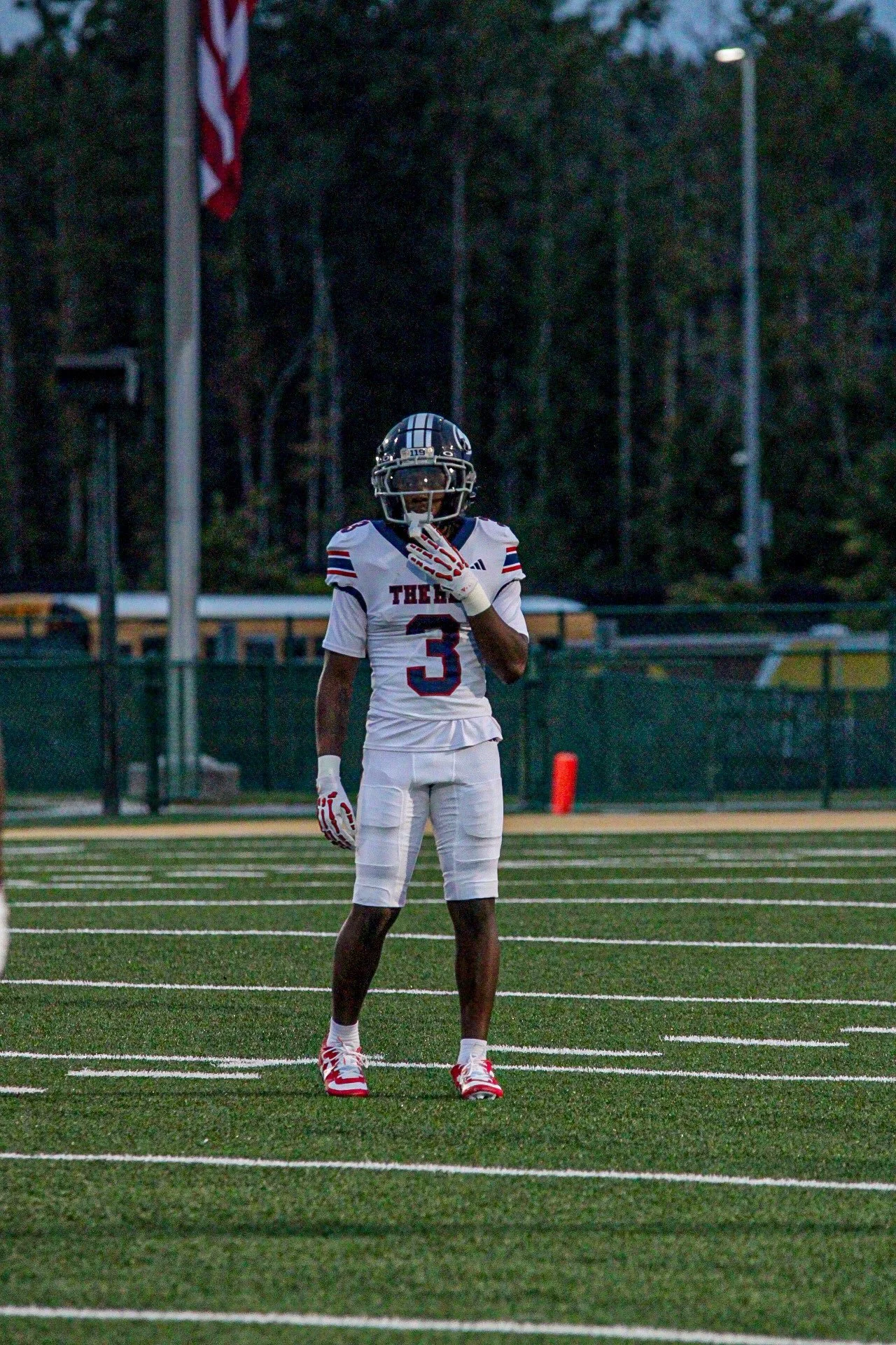 A football player standing on the field in uniform, wearing a helmet, gloves, and cleats, with trees and stadium lighting in the background.