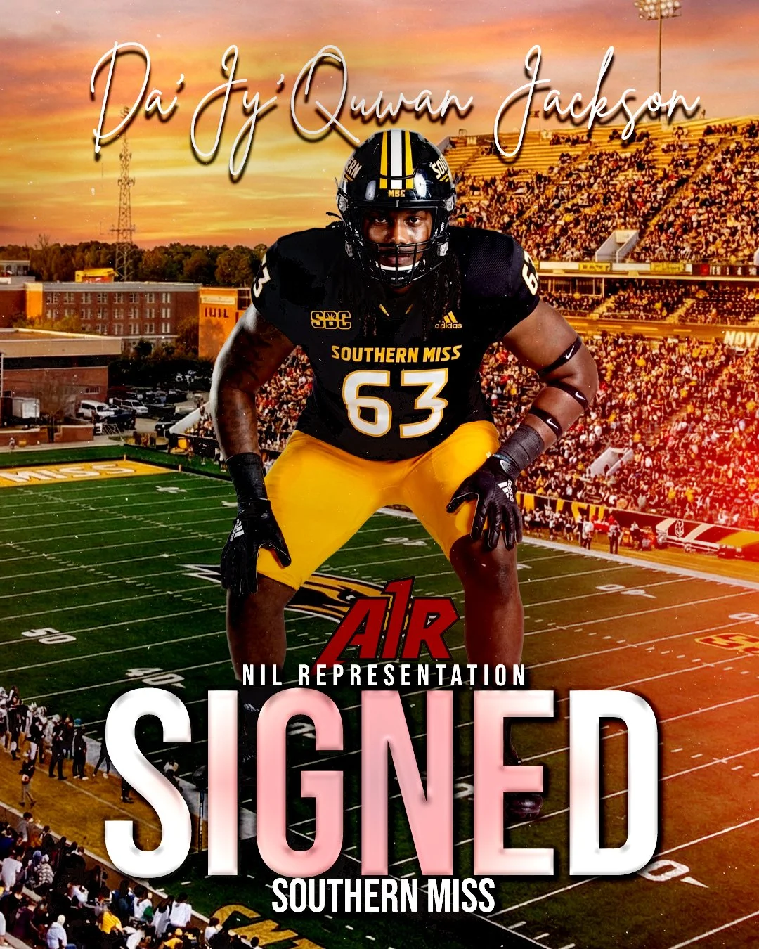 A football player in a black and yellow uniform with the number 63, standing on a football field during sunset, with a crowd in the background, holding an announcement that reads 'Signed Southern Miss' and a sign saying 'Air NIL Representation'.
