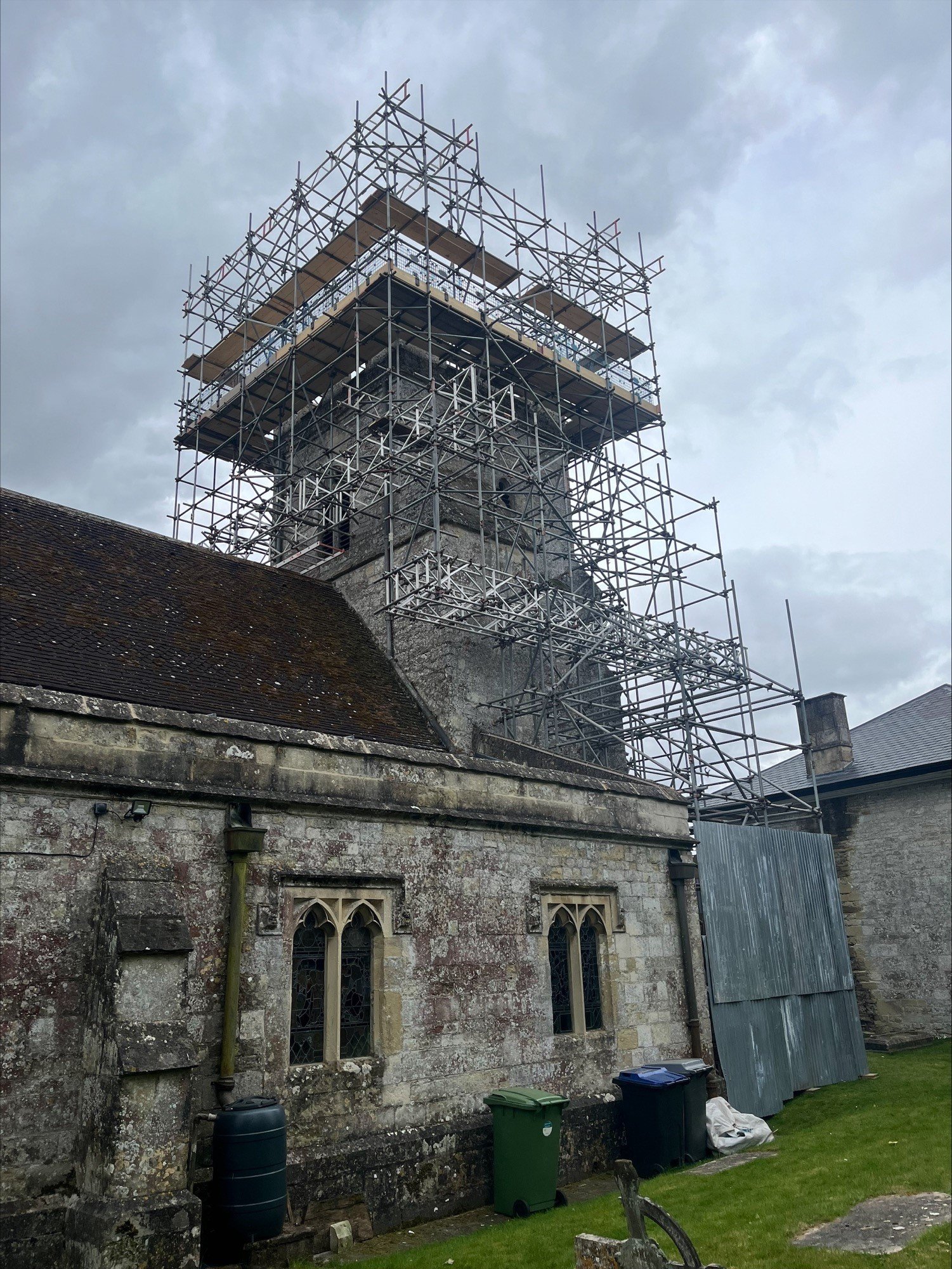 Scaffolding up at St Peter's church to reinstate the pinnacles. April 2025