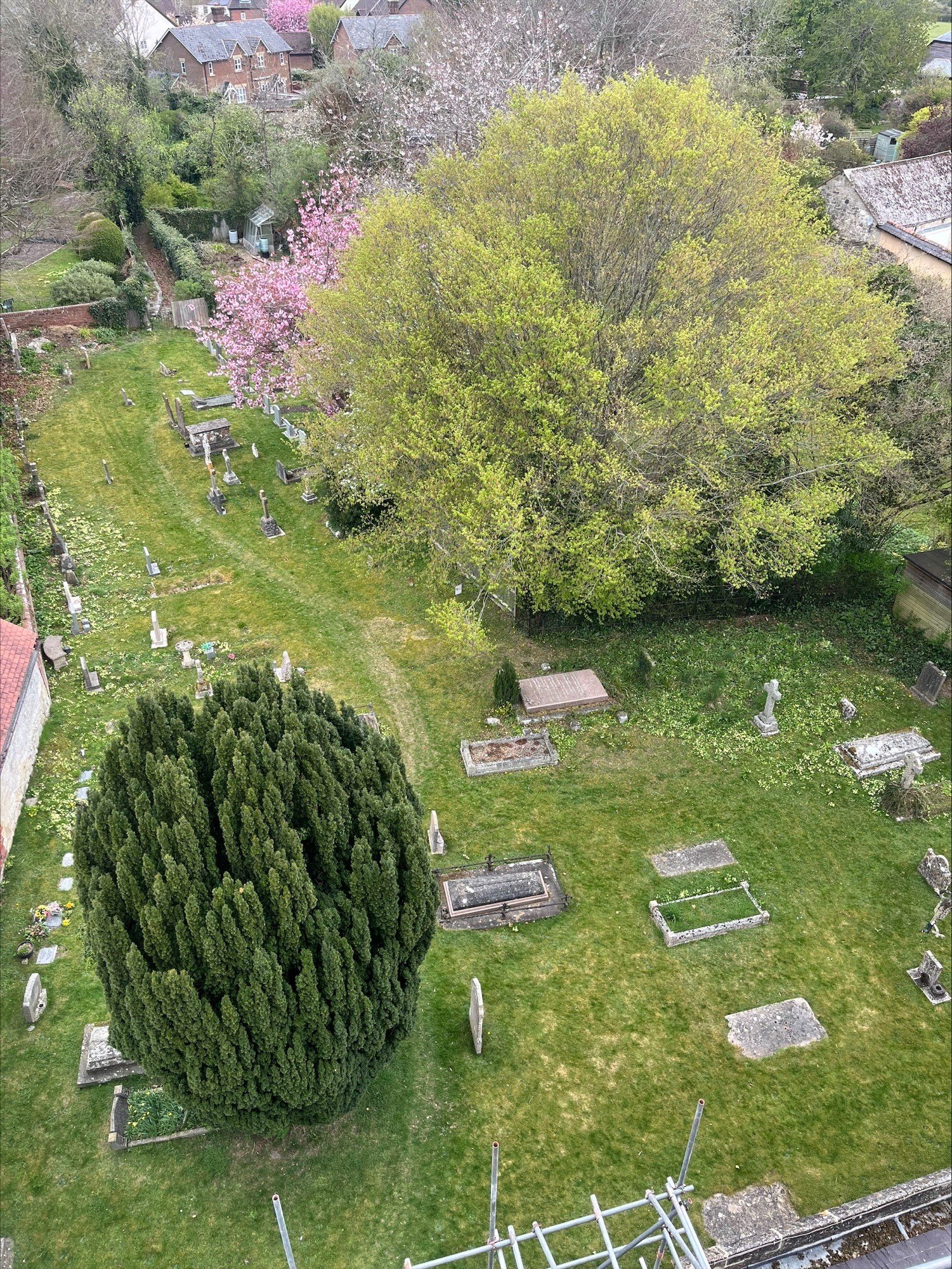 View from the top of the scaffolding at St Peter's church - April 2025.