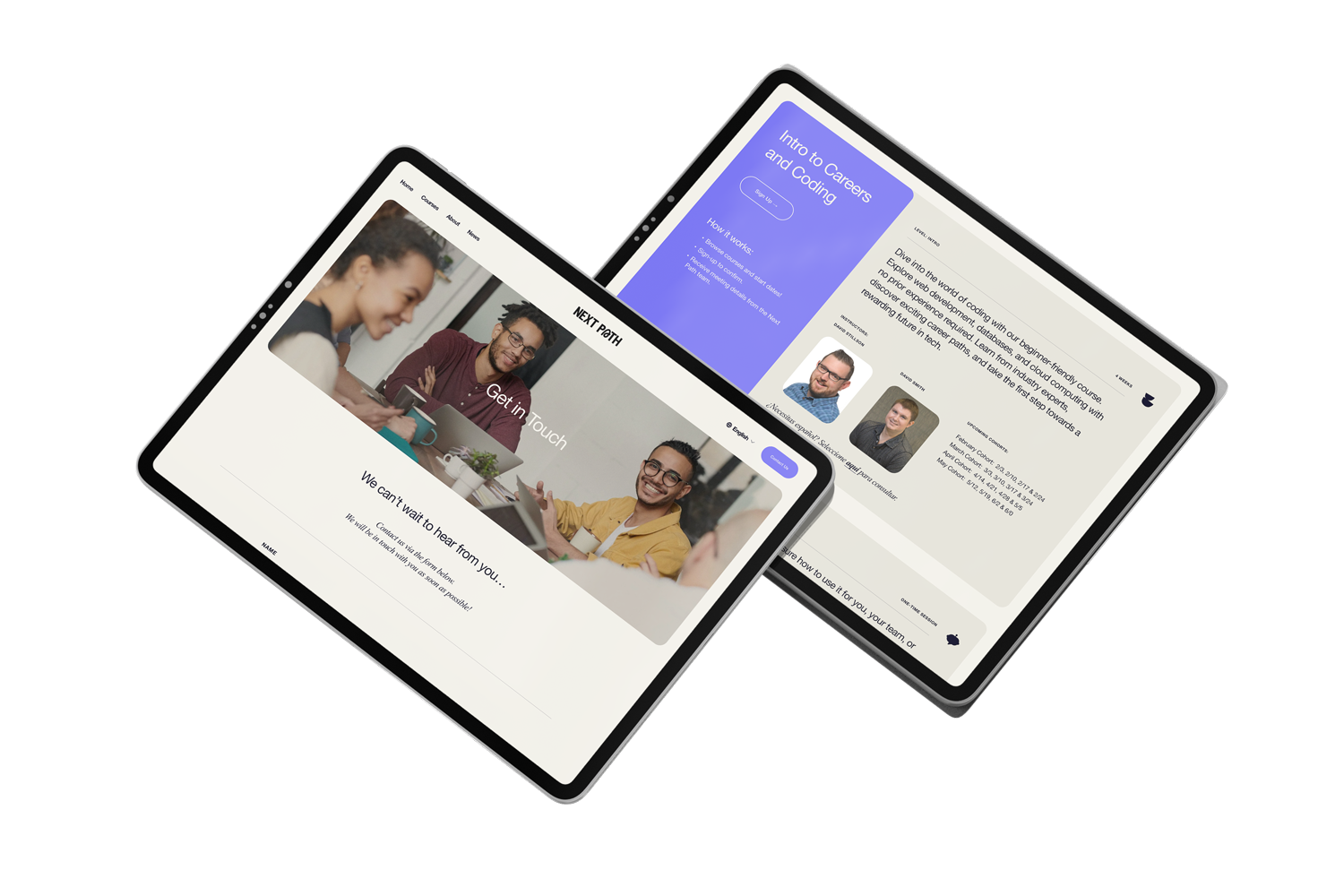 mockup of tablets showing contact page and classes list page