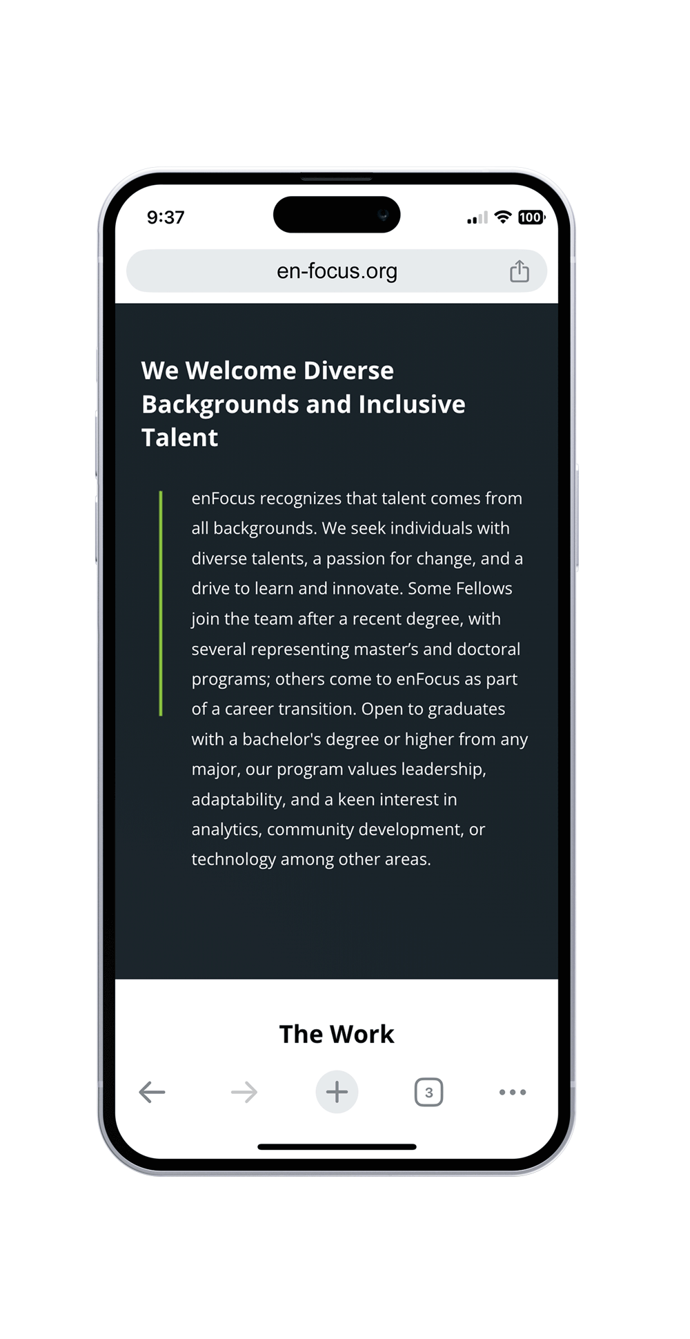 screenshot on mobile phone that introduces EnFocus's reasons to become a fellow