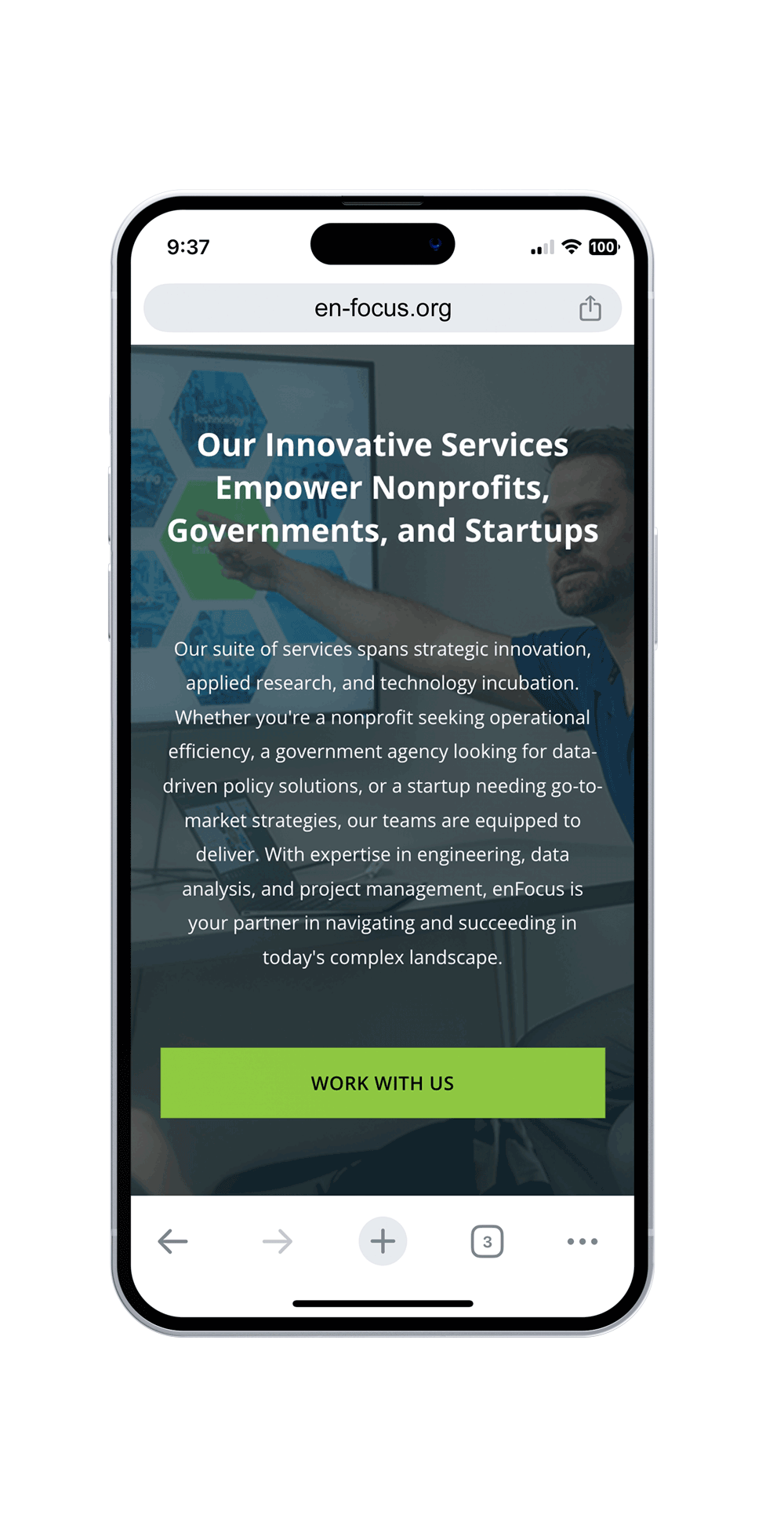 screenshot on mobile phone that introduces EnFocus's services