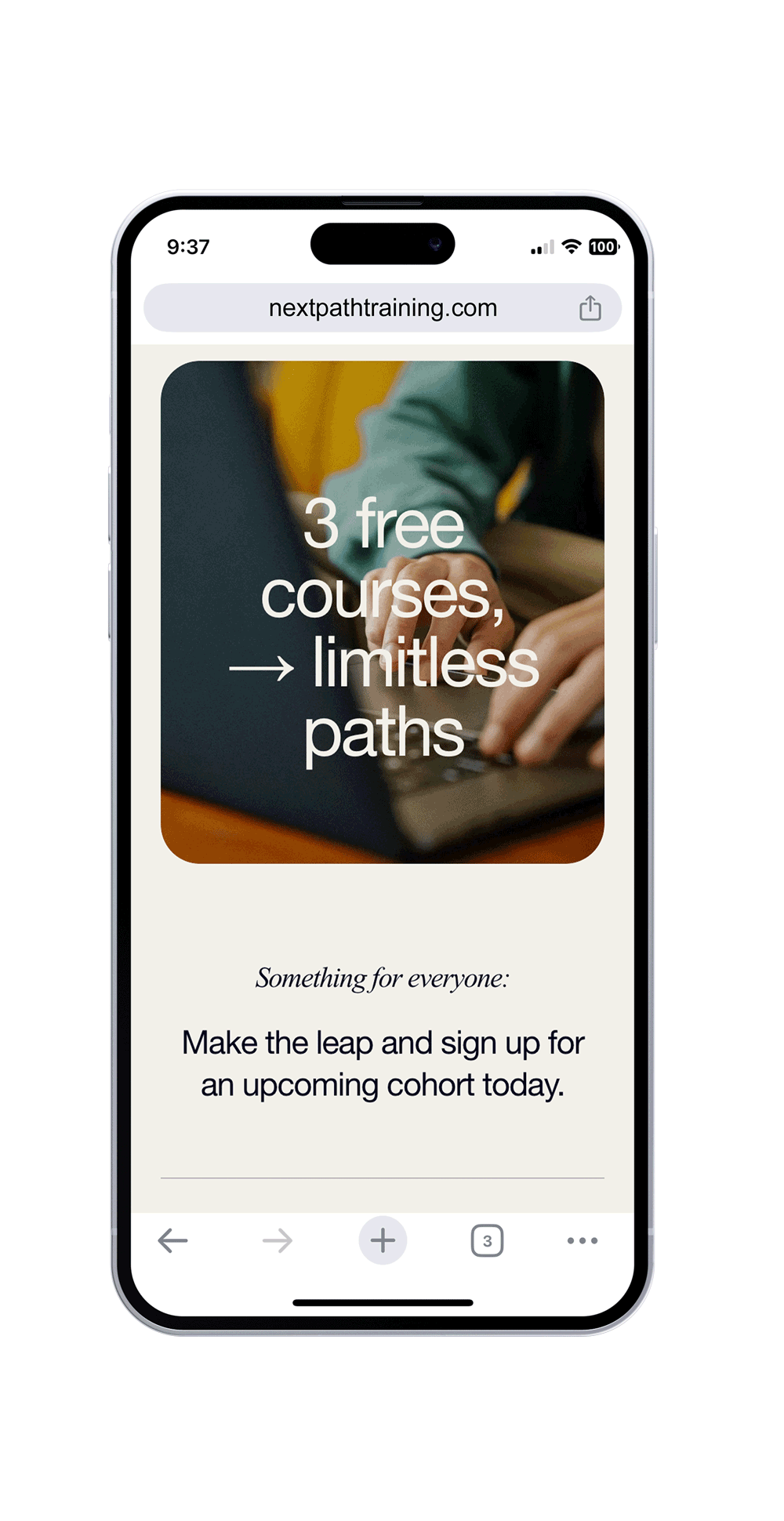 screenshot on mobile showing three courses limitless paths