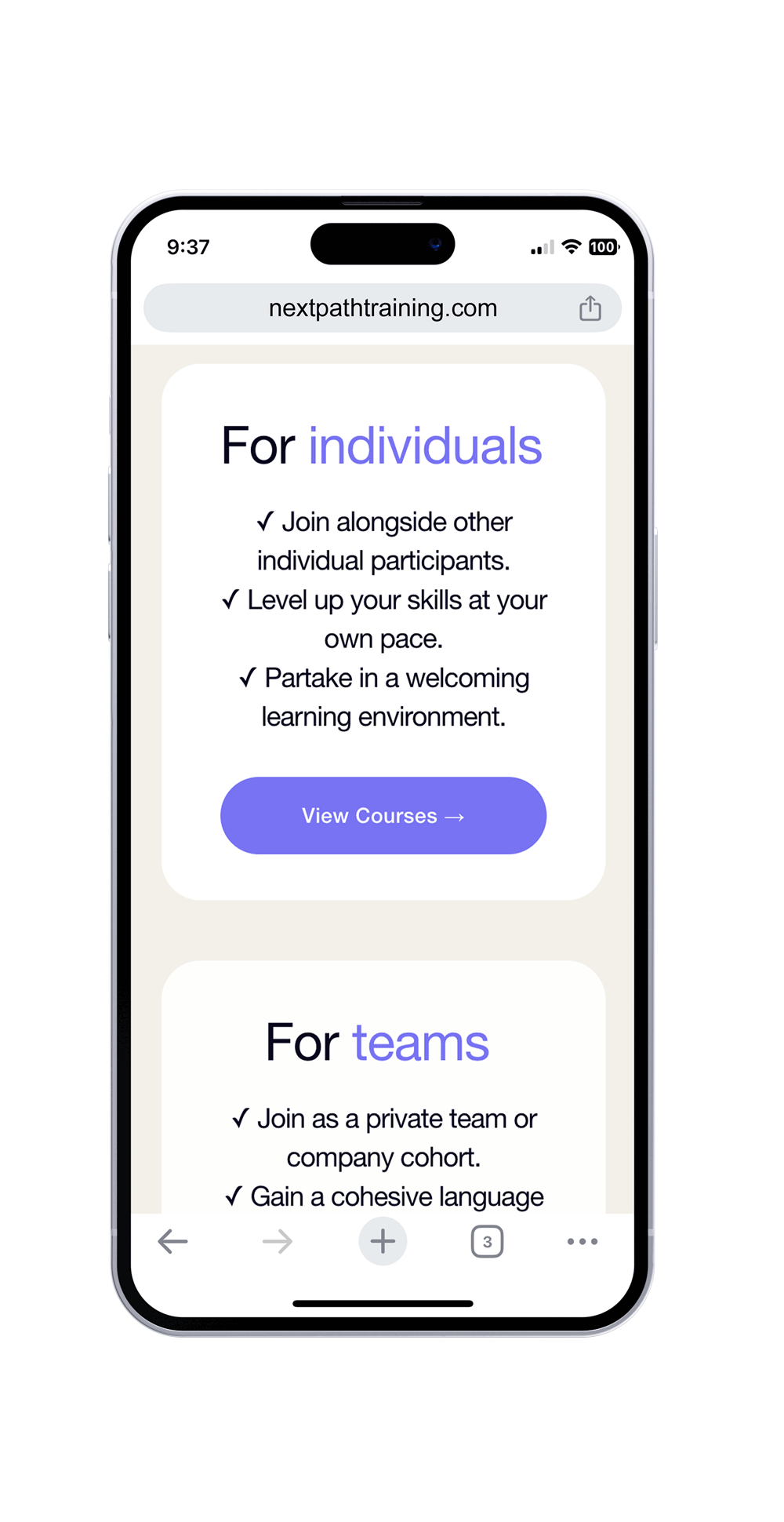 screenshot of mobile showing that Next Path is for Individuals or Teams