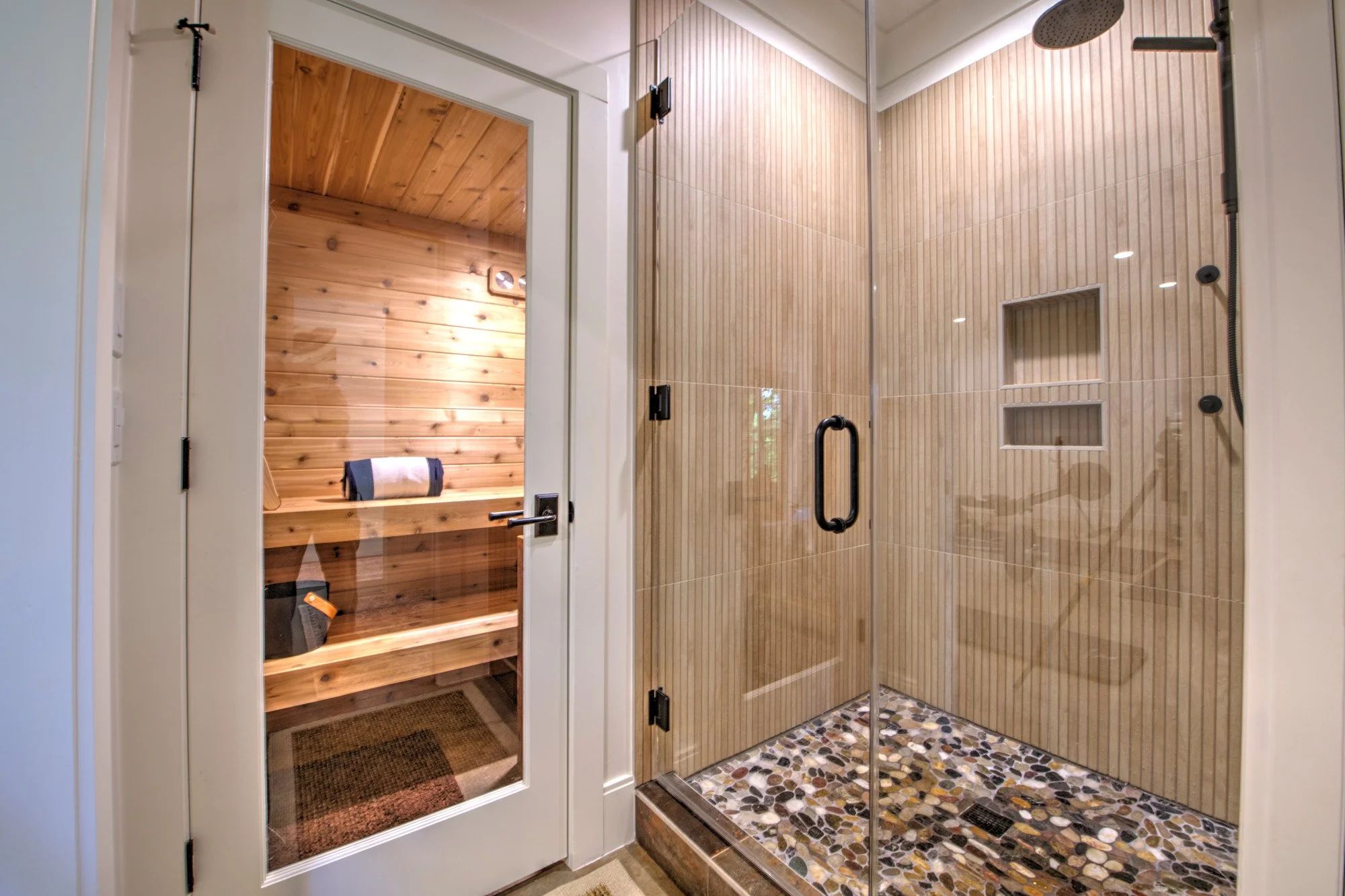 Modern French Country bathroom and sauna