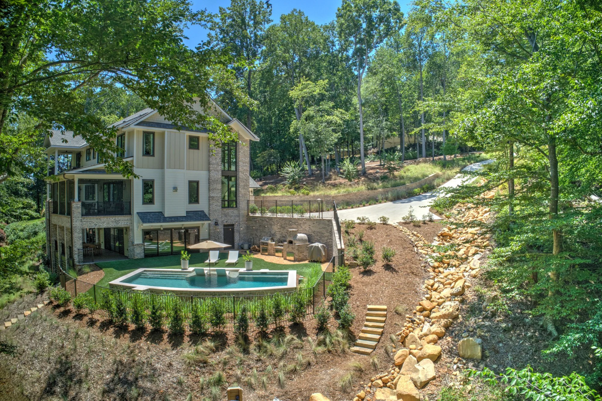 Modern French Country backyard aerial view